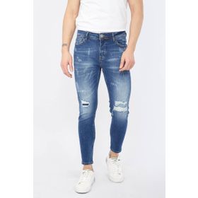 Blue White Erkek Skinny Fit Yırtık Detaylı Koyu Mavi Jean