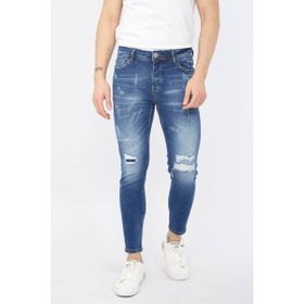 Blue White Erkek Skinny Fit Yırtık Detaylı Koyu Mavi Jean