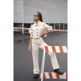 Blue White Kadın Ekru Crop Kesim Jean Ceket