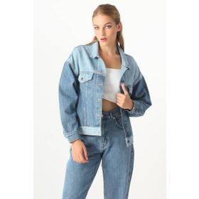Blue White Kadın Mavi Renk Bloklu Oversize Jean Ceket