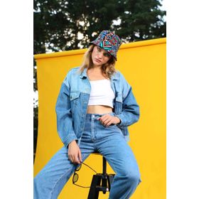 Blue White Kadın Mavi Renk Bloklu Oversize Jean Ceket