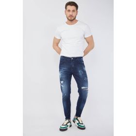 Blue White Koyu Mavi Erkek Skinny Fit Boya Detaylı Jean