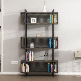 BMdekor Metal Sarmal Ceviz Siyah Kitaplık