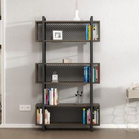 BMdekor Metal Sarmal Ceviz Siyah Kitaplık