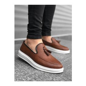 Boa BA0005 Taba - Beyaz Süet Kumaş Püsküllü Bağcıksız Erkek Klasik Ayakkabı