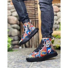 Boa BA0142 Çok Renkli Siyah Renk Kalın Yüksek Taban Bantlı Popart Model Erkek Spor Bot