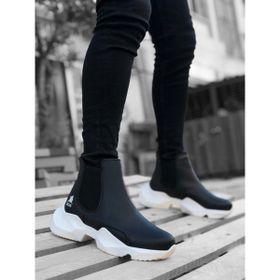 Boa BA0444 Siyah - Beyaz Renk Bağcıksız Yüksek Kalın Taban Yarım Bilek Erkek Bot
