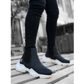 Boa BA0444 Siyah - Beyaz Renk Bağcıksız Yüksek Kalın Taban Yarım Bilek Erkek Bot