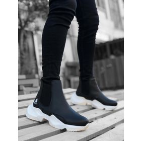 Boa BA0444 Siyah - Beyaz Renk Bağcıksız Yüksek Kalın Taban Yarım Bilek Erkek Bot
