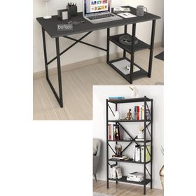 Bofigo 2 Raflı Çok Amaçlı Çalışma Masası + 5 Raflı Antrasit Metal Kitaplık