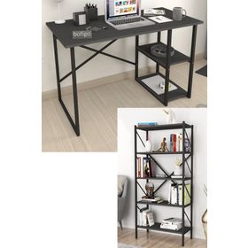 Bofigo 2 Raflı Çok Amaçlı Çalışma Masası + 5 Raflı Antrasit Metal Kitaplık