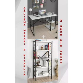 Bofigo 2 Raflı Çok Amaçlı Masa + 5 Raflı Beyaz Metal Kitaplık