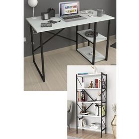 Bofigo 2 Raflı Çok Amaçlı Masa + 5 Raflı Beyaz Metal Kitaplık