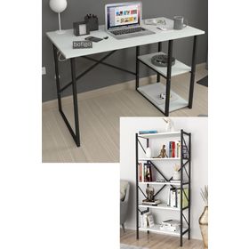 Bofigo 2 Raflı Çok Amaçlı Masa + 5 Raflı Beyaz Metal Kitaplık