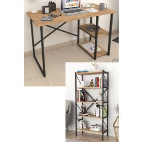 Bofigo 2 Raflı Çok Amaçlı Masa + 5 Raflı Çam Metal Kitaplık
