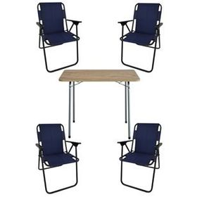 Bofigo 60x80 cm Çam Desenli Katlanır Masa + Katlanır Lacivert 4 Adet Sandalye Kamp Seti