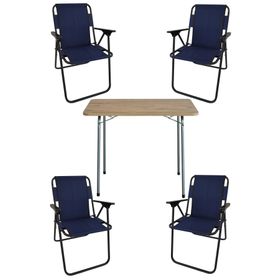 Bofigo 60x80 cm Çam Desenli Katlanır Masa + Katlanır Lacivert 4 Adet Sandalye Kamp Seti