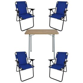 Bofigo 60x80 cm Çam Desenli Katlanır Masa + Katlanır Mavi 4 Adet Sandalye Kamp Seti
