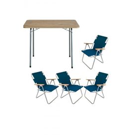 Bofigo 60x80 cm Çam Desenli Katlanır Masa + Katlanır Mavi 4 Adet Sandalye Kamp Seti