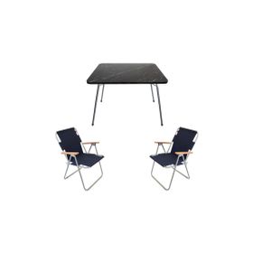 Bofigo 60x80 cm Granit Katlanır Masa + Katlanabilir 2 Adet Lacivert Kamp Sandalyesi