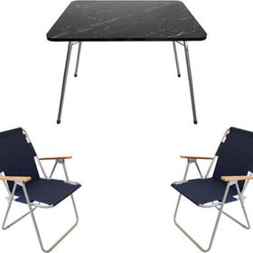Bofigo 60x80 cm Granit Katlanır Masa + Katlanabilir 2 Adet Lacivert Kamp Sandalyesi