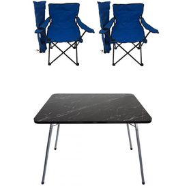 Bofigo 60x80 cm Granit Katlanır Masa + Katlanabilir 2 Adet Mavi Kamp Sandalyesi