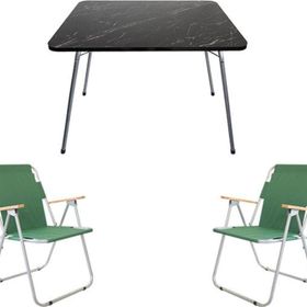 Bofigo 60x80 cm Granit Katlanır Masa + Katlanabilir 2 Adet Yeşil Kamp Sandalyesi