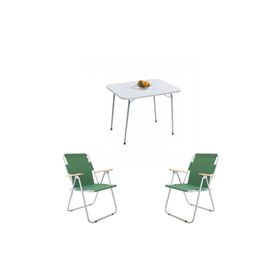 Bofigo Beyaz 60x80 cm Kamp Masası + Katlanabilir Ahşap Kollu 2 Adet Yeşil Kamp Sandalyesi