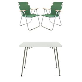 Bofigo Beyaz 60x80 cm Kamp Masası + Katlanabilir Ahşap Kollu 2 Adet Yeşil Kamp Sandalyesi