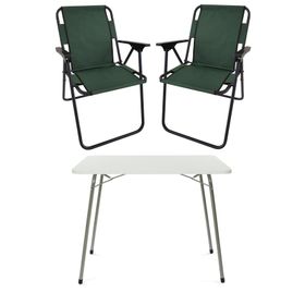 Bofigo Beyaz 60x80 cm Kamp Masası + Katlanabilir Ahşap Kollu 2 Adet Yeşil Kamp Sandalyesi