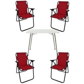 Bofigo Katlanır Beyaz 60x80 cm Masa + Katlanır Kırmızı 4 Adet Sandalye Kamp Seti