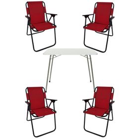 Bofigo Katlanır Beyaz 60x80 cm Masa + Katlanır Kırmızı 4 Adet Sandalye Kamp Seti