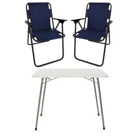 Bofigo Katlanır Beyaz 60x80 cm Masa + Katlanır Lacivert 2 Adet Sandalye Kamp Seti