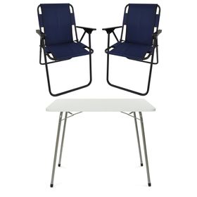 Bofigo Katlanır Beyaz 60x80 cm Masa + Katlanır Lacivert 2 Adet Sandalye Kamp Seti
