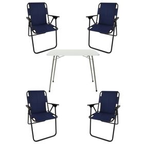 Bofigo Katlanır Beyaz 60x80 cm Masa + Katlanır Lacivert 4 Adet Sandalye Kamp Seti