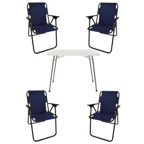 Bofigo Katlanır Beyaz 60x80 cm Masa + Katlanır Lacivert 4 Adet Sandalye Kamp Seti