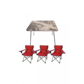 Bofigo Katlanır Beyaz Mermer Desenli 60x80 cm Kamp Masası + Katlanabilir Ahşap Kollu 3 Adet Kırmızı Sandalye Kamp Seti