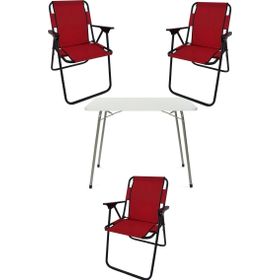 Bofigo Katlanır Beyaz Mermer Desenli 60x80 cm Kamp Masası + Katlanabilir Ahşap Kollu 3 Adet Kırmızı Sandalye Kamp Seti