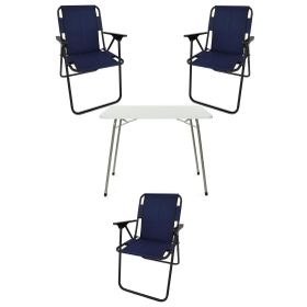 Bofigo Katlanır Beyaz Mermer Desenli 60x80 cm Kamp Masası + Katlanabilir Ahşap Kollu 3 Adet Lacivert Sandalye Kamp Seti