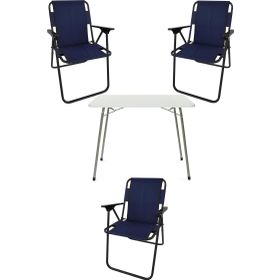 Bofigo Katlanır Beyaz Mermer Desenli 60x80 cm Kamp Masası + Katlanabilir Ahşap Kollu 3 Adet Lacivert Sandalye Kamp Seti