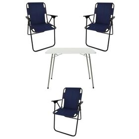 Bofigo Katlanır Beyaz Mermer Desenli 60x80 cm Kamp Masası + Katlanabilir Ahşap Kollu 3 Adet Lacivert Sandalye Kamp Seti