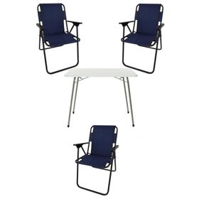 Bofigo Katlanır Beyaz Mermer Desenli 60x80 cm Kamp Masası + Katlanabilir Ahşap Kollu 3 Adet Lacivert Sandalye Kamp Seti
