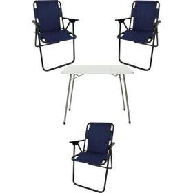 Bofigo Katlanır Beyaz Mermer Desenli 60x80 cm Kamp Masası + Katlanabilir Ahşap Kollu 3 Adet Lacivert Sandalye Kamp Seti