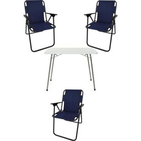 Bofigo Katlanır Beyaz Mermer Desenli 60x80 cm Kamp Masası + Katlanabilir Ahşap Kollu 3 Adet Lacivert Sandalye Kamp Seti