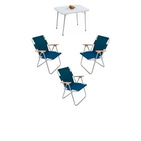 Bofigo Katlanır Beyaz Mermer Desenli 60x80 cm Kamp Masası + Katlanabilir Ahşap Kollu 3 Adet Mavi Sandalye Kamp Seti