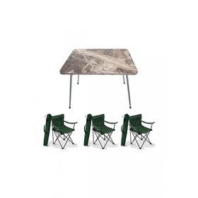 Bofigo Katlanır Beyaz Mermer Desenli 60x80 cm Kamp Masası + Katlanabilir Ahşap Kollu 3 Adet Yeşil Sandalye Kamp Seti
