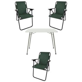 Bofigo Katlanır Beyaz Mermer Desenli 60x80 cm Kamp Masası + Katlanabilir Ahşap Kollu 3 Adet Yeşil Sandalye Kamp Seti