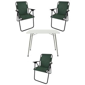 Bofigo Katlanır Beyaz Mermer Desenli 60x80 cm Kamp Masası + Katlanabilir Ahşap Kollu 3 Adet Yeşil Sandalye Kamp Seti