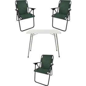 Bofigo Katlanır Beyaz Mermer Desenli 60x80 cm Kamp Masası + Katlanabilir Ahşap Kollu 3 Adet Yeşil Sandalye Kamp Seti