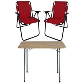 Bofigo Katlanır Çam Desenli 60x80 cm Masa + Katlanır Kırmızı 2 Adet Sandalye Kamp Seti